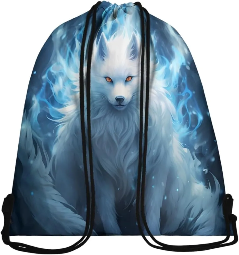 Unisex Creative Fox Print Zipper Drawstring Backpack Sports Gym Bag Sackpack Mini Travel Daypack,Blue Fox