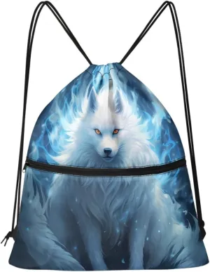 Unisex Creative Fox Print Zipper Drawstring Backpack Sports Gym Bag Sackpack Mini Travel Daypack,Blue Fox