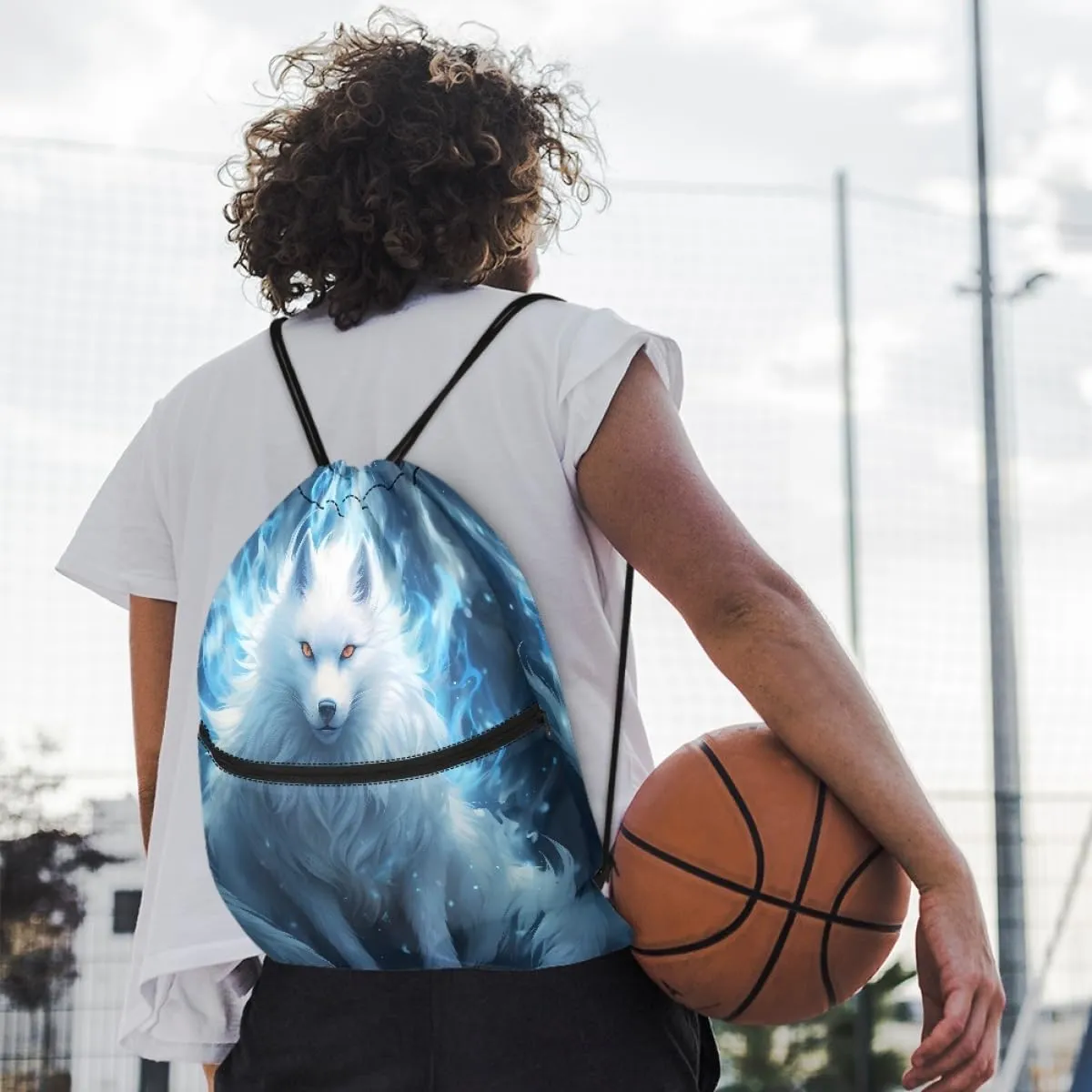 Unisex Creative Fox Print Zipper Drawstring Backpack Sports Gym Bag Sackpack Mini Travel Daypack,Blue Fox