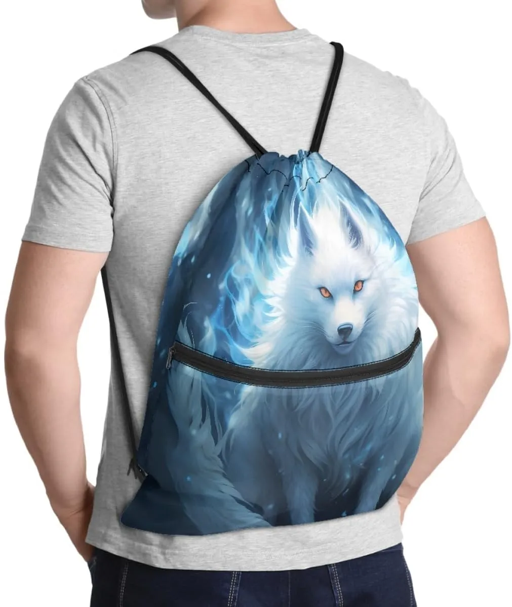 Unisex Creative Fox Print Zipper Drawstring Backpack Sports Gym Bag Sackpack Mini Travel Daypack,Blue Fox