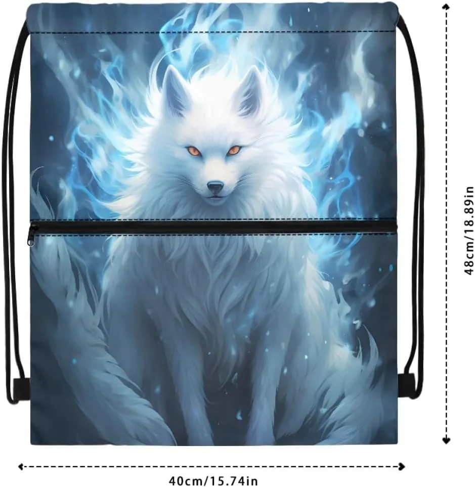 Unisex Creative Fox Print Zipper Drawstring Backpack Sports Gym Bag Sackpack Mini Travel Daypack,Blue Fox