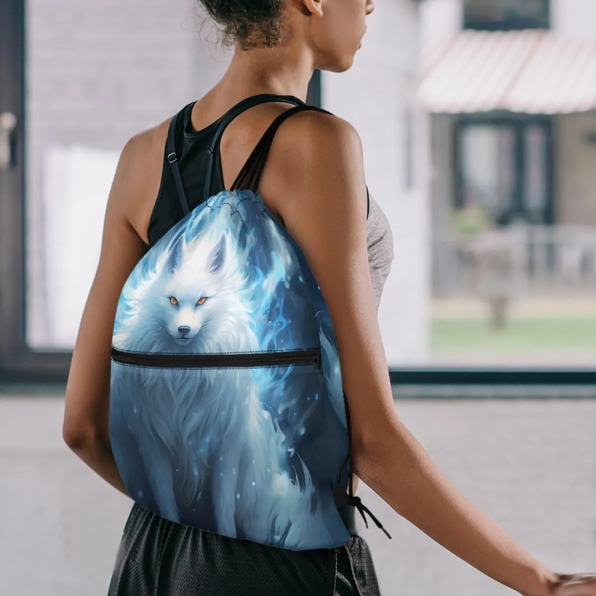 Unisex Creative Fox Print Zipper Drawstring Backpack Sports Gym Bag Sackpack Mini Travel Daypack,Blue Fox