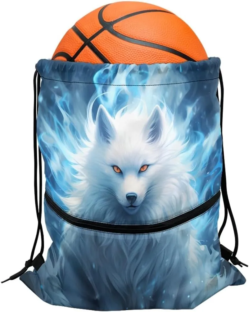 Unisex Creative Fox Print Zipper Drawstring Backpack Sports Gym Bag Sackpack Mini Travel Daypack,Blue Fox