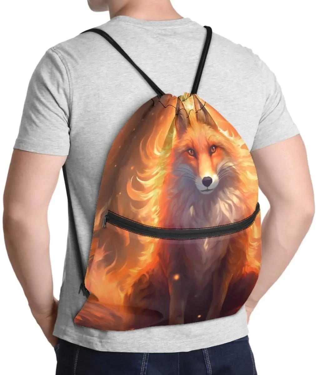Unisex Creative Fox Print Zipper Drawstring Backpack Sports Gym Bag Sackpack Mini Travel Daypack,Flame Red Fox