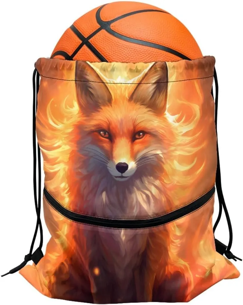 Unisex Creative Fox Print Zipper Drawstring Backpack Sports Gym Bag Sackpack Mini Travel Daypack,Flame Red Fox