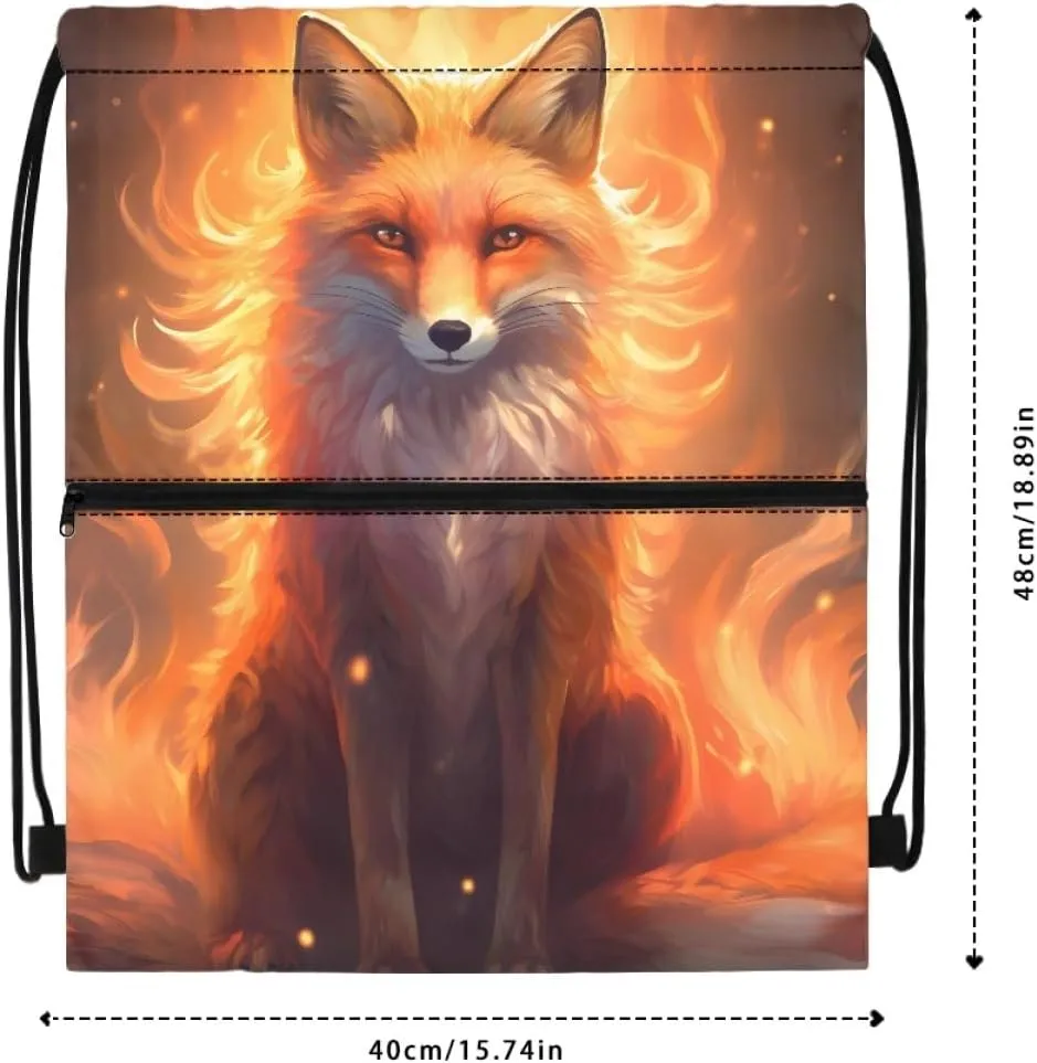 Unisex Creative Fox Print Zipper Drawstring Backpack Sports Gym Bag Sackpack Mini Travel Daypack,Flame Red Fox