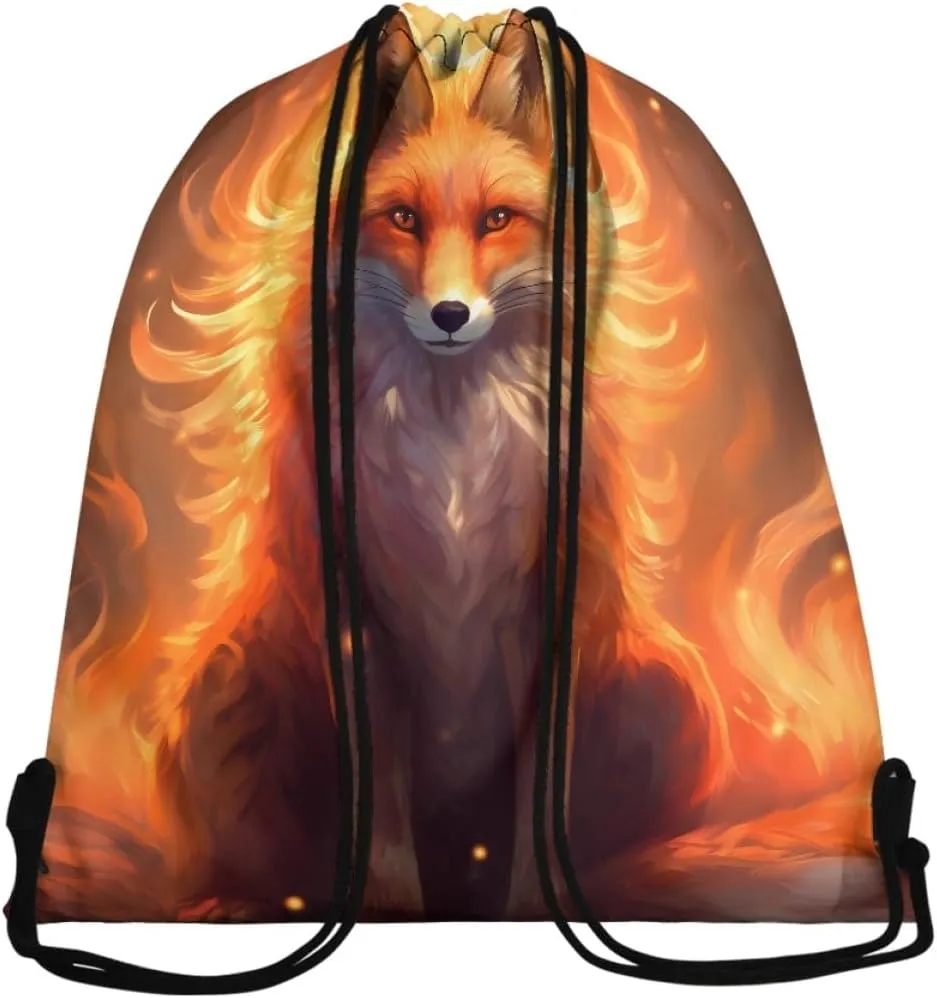 Unisex Creative Fox Print Zipper Drawstring Backpack Sports Gym Bag Sackpack Mini Travel Daypack,Flame Red Fox