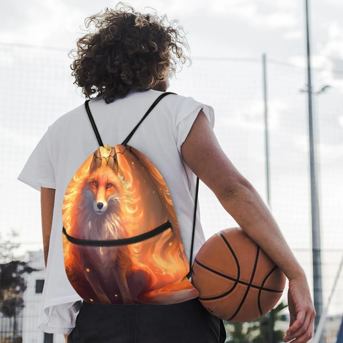 Unisex Creative Fox Print Zipper Drawstring Backpack Sports Gym Bag Sackpack Mini Travel Daypack,Flame Red Fox