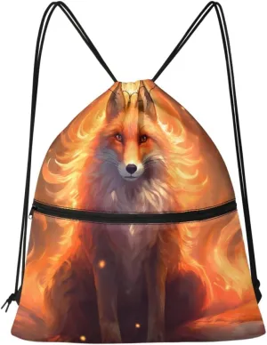 Unisex Creative Fox Print Zipper Drawstring Backpack Sports Gym Bag Sackpack Mini Travel Daypack,Flame Red Fox