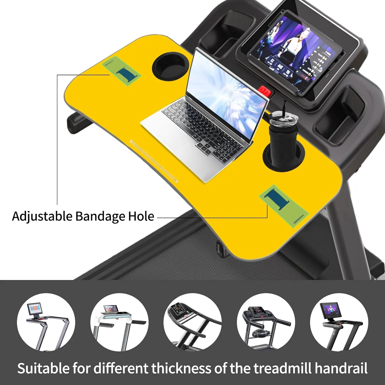 Universal Treadmill Desk Attachment Laptop Holder Ergonomic Platform Tray with Cup Tablet Holder Cooling Holes Provide Good Ventilation, Laptop Stand for Treadmill (Yellow)