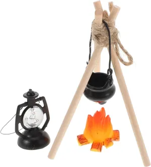 ​UPKOCH Miniature Campfire Set with Lamp & Pot, 3.93 inch Wooden Dollhouse Decor for Winter Scenes/Fairy Gardens, Realistic Camping Props for Photography Displays​​