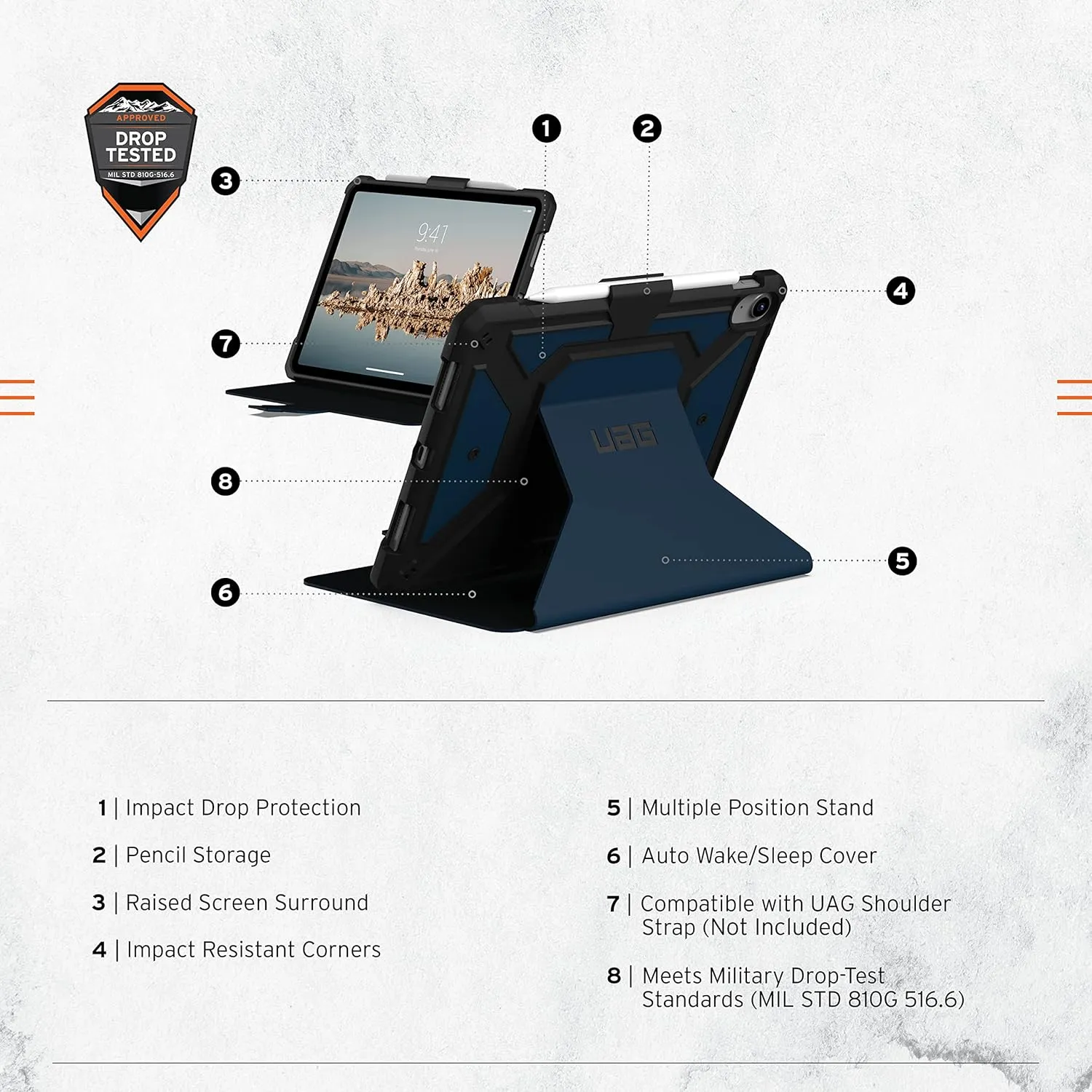 URBAN ARMOR GEAR UAG Designed for iPad 11" A16 11th Gen 2025, 10.9" 10th Gen 2022 Case A3354 A3355 A2696 Rugged Protective Folio Cover w/Adjustable Stand & Pencil Holder, Metropolis SE Blue Mallard