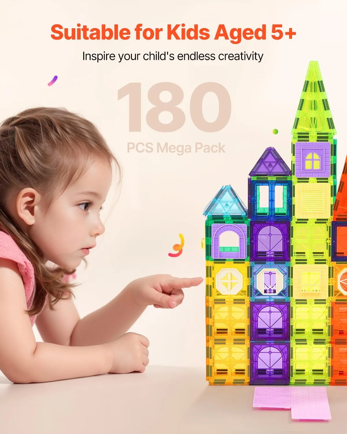VEVOR Magnetic Tiles, 180 PCS Magnetic Building Blocks for Kids, Magnet Building Set with 2 Car Bases & Ferris Wheel Stand, STEM Educational Construction Stacking Toys for Toddlers Boys Girls Aged 3