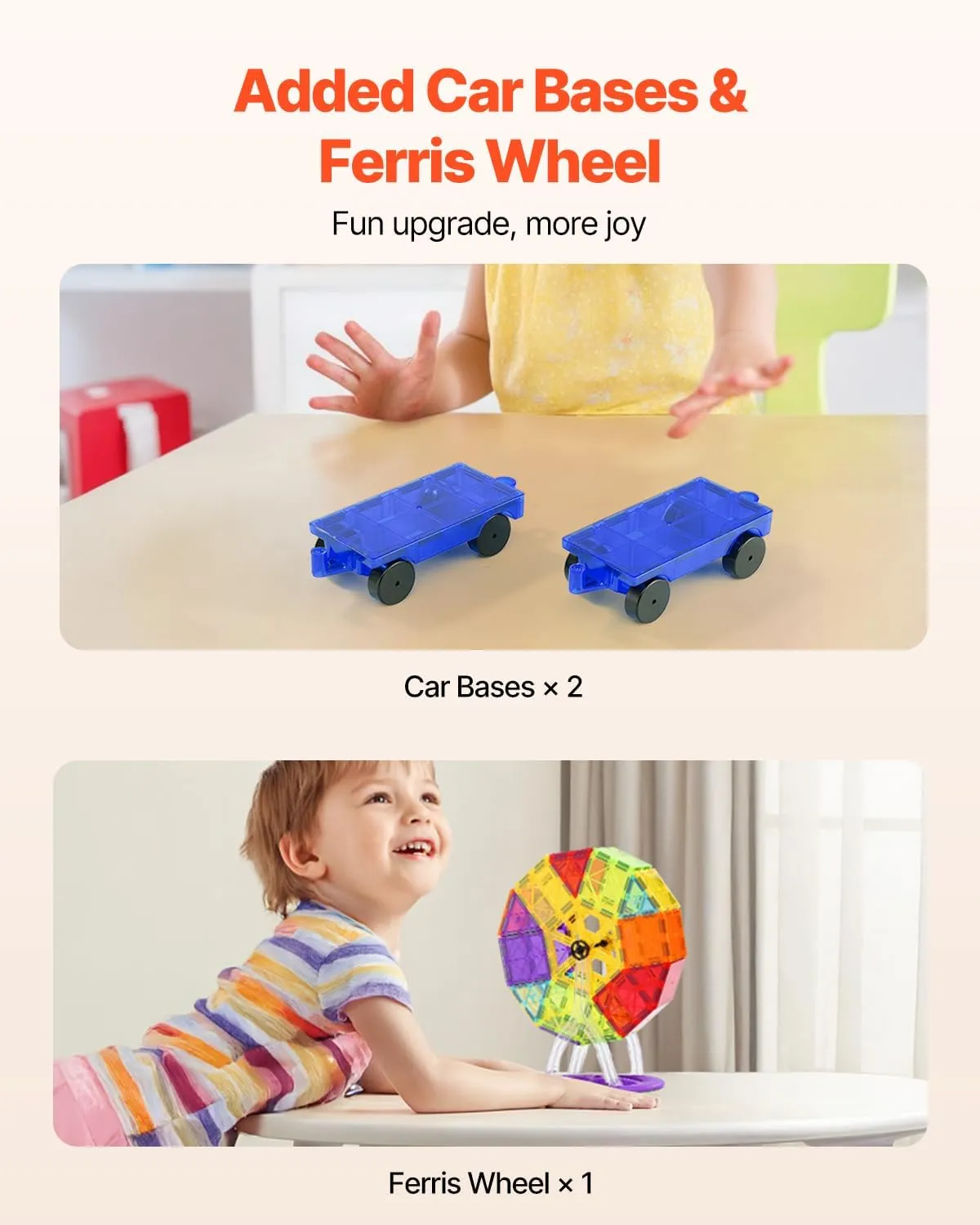 VEVOR Magnetic Tiles, 180 PCS Magnetic Building Blocks for Kids, Magnet Building Set with 2 Car Bases & Ferris Wheel Stand, STEM Educational Construction Stacking Toys for Toddlers Boys Girls Aged 3