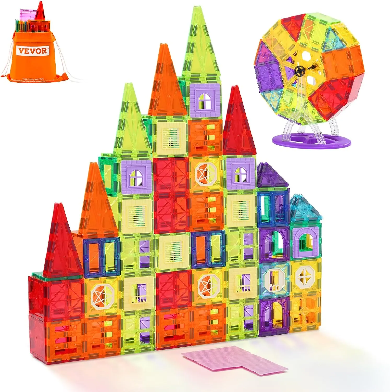VEVOR Magnetic Tiles, 180 PCS Magnetic Building Blocks for Kids, Magnet Building Set with 2 Car Bases & Ferris Wheel Stand, STEM Educational Construction Stacking Toys for Toddlers Boys Girls Aged 3