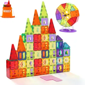 VEVOR Magnetic Tiles, 180 PCS Magnetic Building Blocks for Kids, Magnet Building Set with 2 Car Bases & Ferris Wheel Stand, STEM Educational Construction Stacking Toys for Toddlers Boys Girls Aged 3