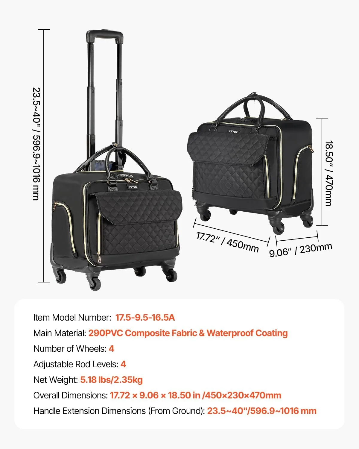 VEVOR Rolling laptop bag,Wheeled Briefcase, Roller Computer Tote Bag, Laptop Case for Work Travel Business Office, Women Men