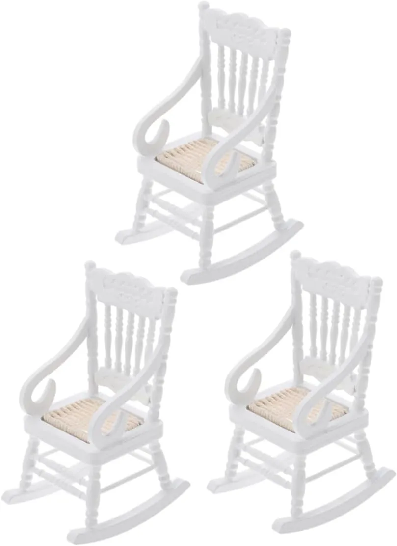VICASKY 1:12 Scale Miniature Rocking Chair 3pcs Dollhouse Furniture Realistic Wooden Toy Chair for Fairy Garden