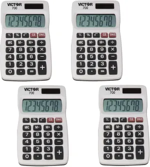 Victor 700 8 Digit Pocket Calculator, White, Great for Carrying in Backpacks, Purses and breifcases, 4 Pack