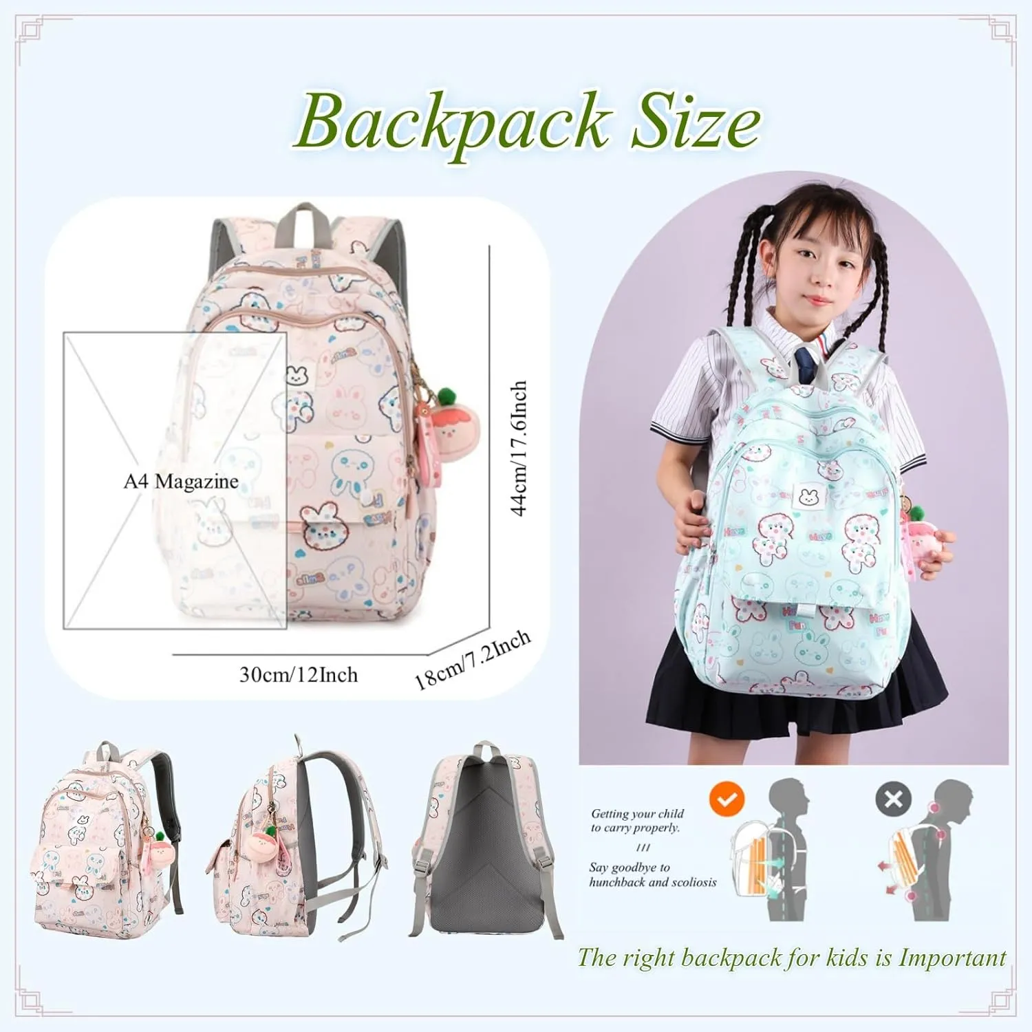 VIDOSCLA Girls Backpack for School Colorful Bunny Bookbag Kids School Book Bag for Girls