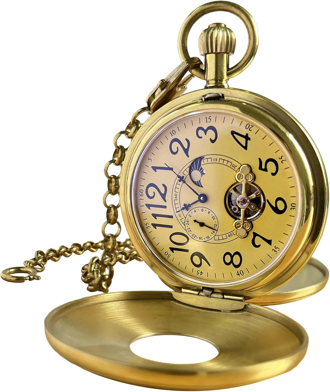 VIGOROSO Mechanical Hand-Wind Pocket Watch for Men, Half Hunter Double Covers 24-Hour Day Moon Phase, Luxury Watches with Tourbillon in Box