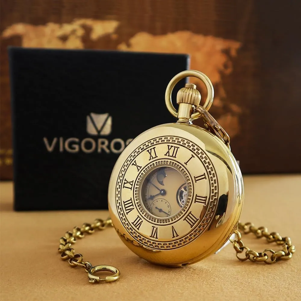 VIGOROSO Mechanical Hand-Wind Pocket Watch for Men, Half Hunter Double Covers 24-Hour Day Moon Phase, Luxury Watches with Tourbillon in Box
