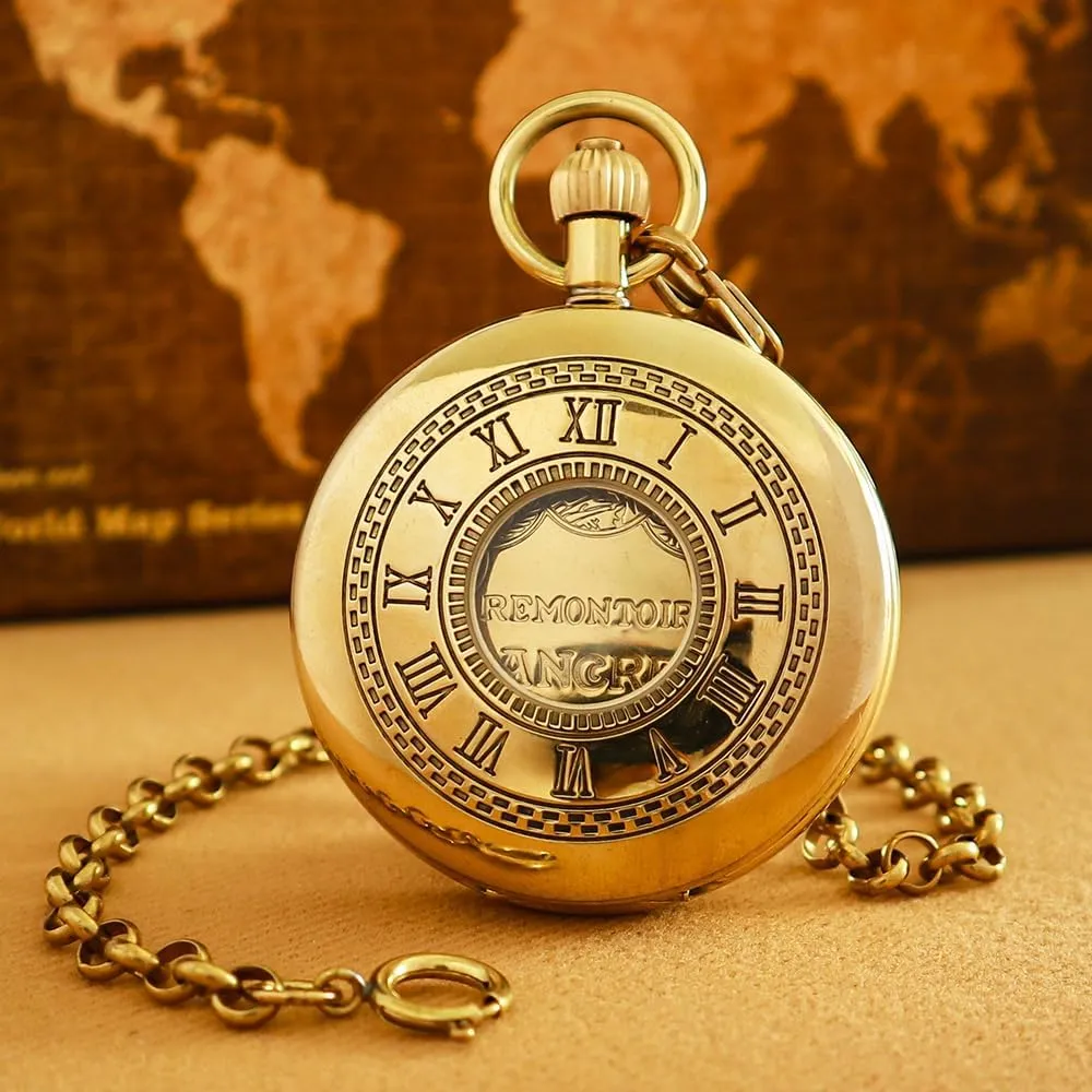 VIGOROSO Mechanical Hand-Wind Pocket Watch for Men, Half Hunter Double Covers 24-Hour Day Moon Phase, Luxury Watches with Tourbillon in Box