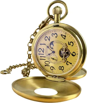 VIGOROSO Mechanical Hand-Wind Pocket Watch for Men, Half Hunter Double Covers 24-Hour Day Moon Phase, Luxury Watches with Tourbillon in Box