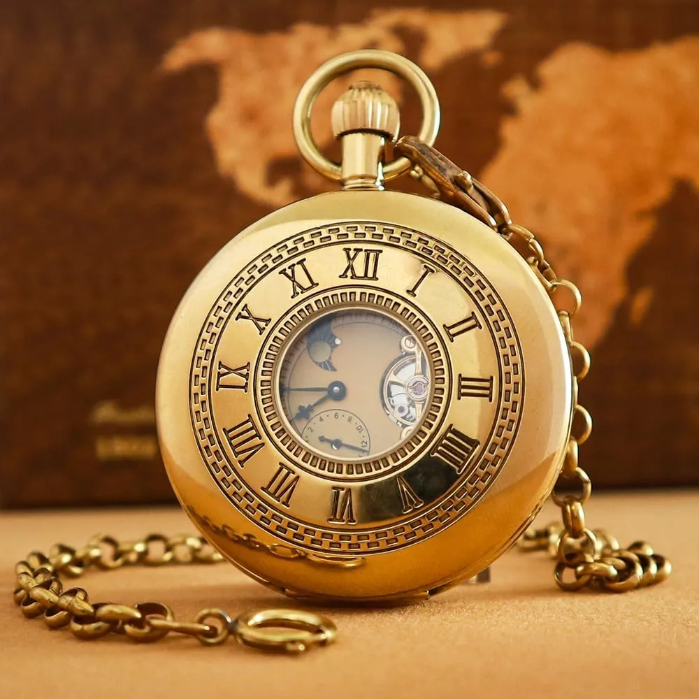 VIGOROSO Mechanical Hand-Wind Pocket Watch for Men, Half Hunter Double Covers 24-Hour Day Moon Phase, Luxury Watches with Tourbillon in Box
