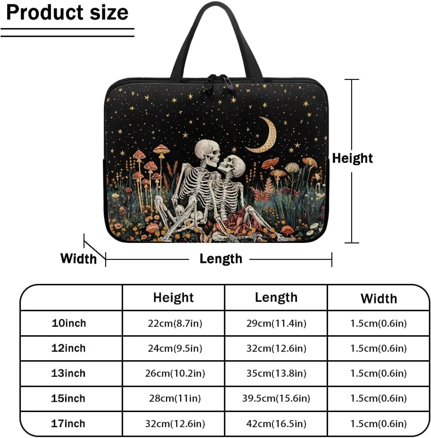 Vintage Human Skeleton Mushroom Moon Star Print Laptop Sleeve Case for Women Men Work Computer Protective Bag Tablet Carrying Briefcase with Handle 360° Protective Laptop Bag, 17inch