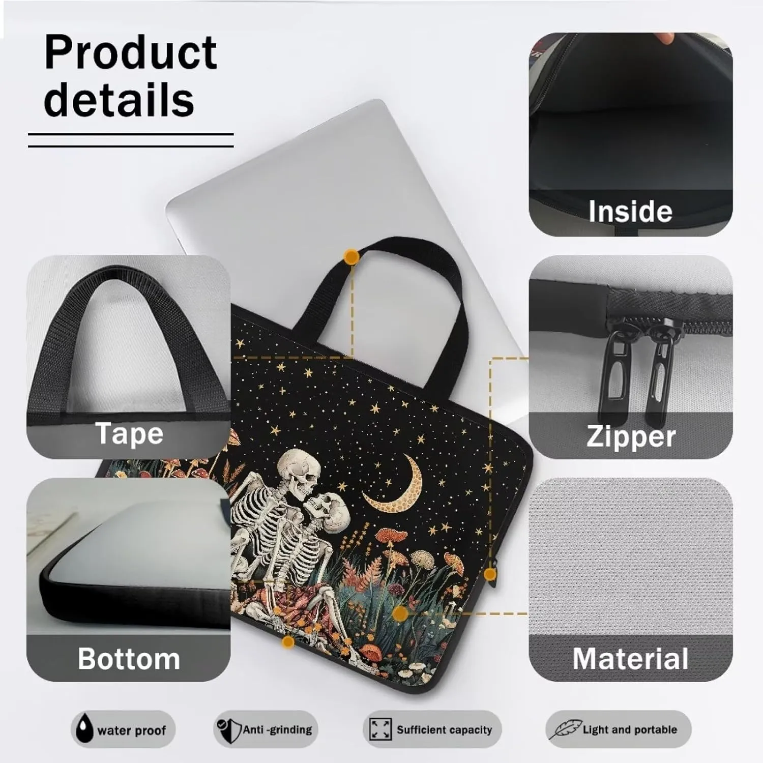 Vintage Human Skeleton Mushroom Moon Star Print Laptop Sleeve Case for Women Men Work Computer Protective Bag Tablet Carrying Briefcase with Handle 360° Protective Laptop Bag, 17inch