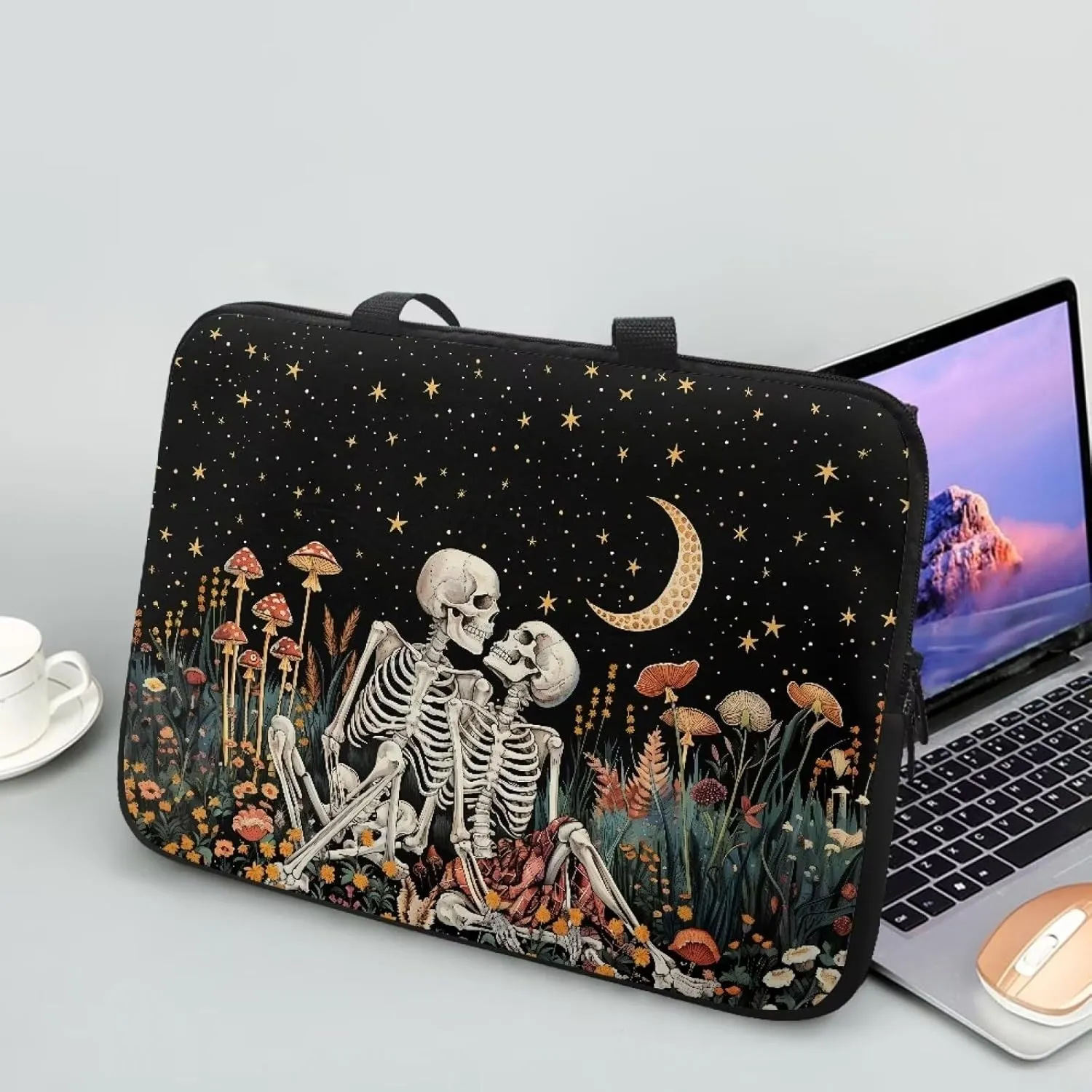Vintage Human Skeleton Mushroom Moon Star Print Laptop Sleeve Case for Women Men Work Computer Protective Bag Tablet Carrying Briefcase with Handle 360° Protective Laptop Bag, 17inch