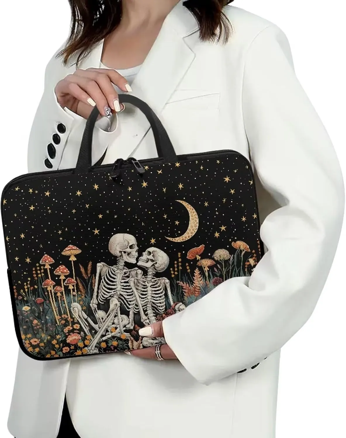 Vintage Human Skeleton Mushroom Moon Star Print Laptop Sleeve Case for Women Men Work Computer Protective Bag Tablet Carrying Briefcase with Handle 360° Protective Laptop Bag, 17inch