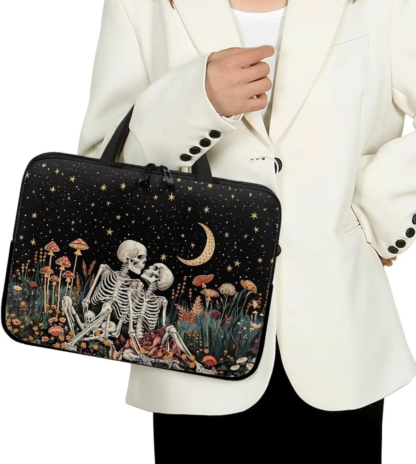 Vintage Human Skeleton Mushroom Moon Star Print Laptop Sleeve Case for Women Men Work Computer Protective Bag Tablet Carrying Briefcase with Handle 360° Protective Laptop Bag, 17inch