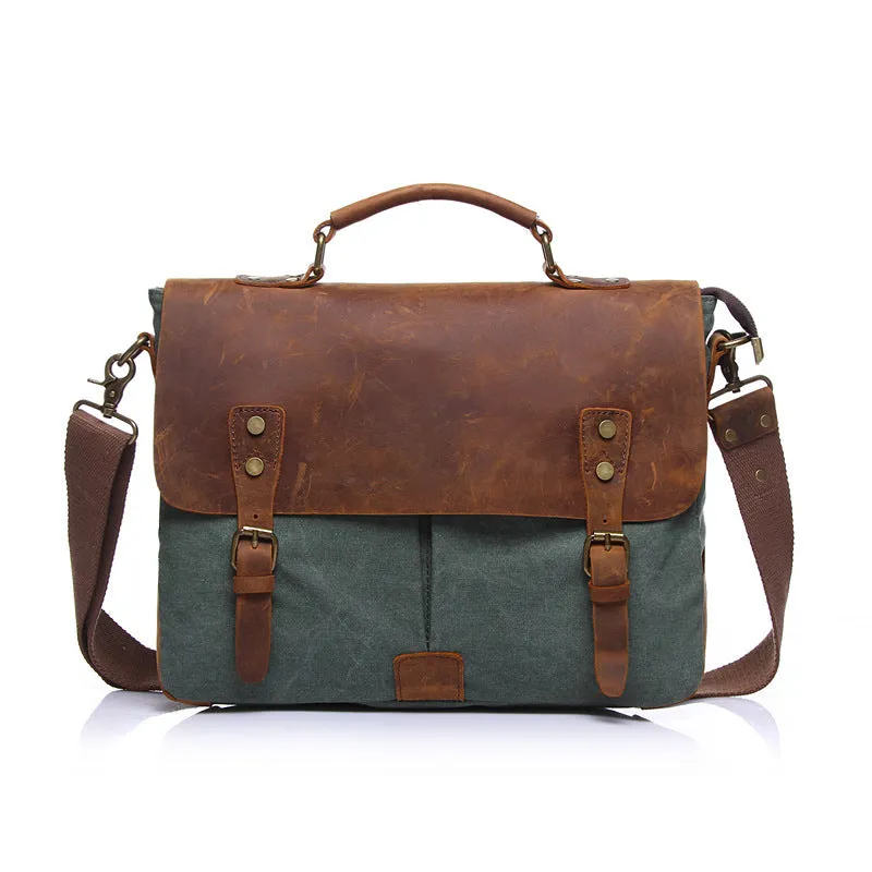 Vintage Leather & Canvas Messenger Bag - Classic Satchel Style