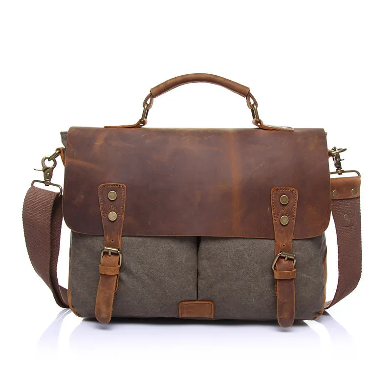 Vintage Leather & Canvas Messenger Bag - Classic Satchel Style
