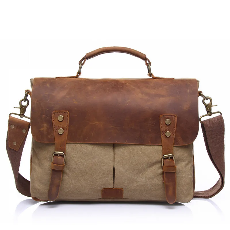Vintage Leather & Canvas Messenger Bag - Classic Satchel Style