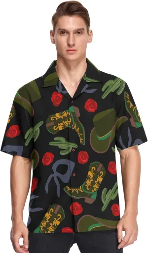 visesunny Cowboy Hat Boot Bandanas Cactus Rose Hawaiian Shirt Men Button Down Casual Shortsleeve Unisex Beach Aloha Shirts