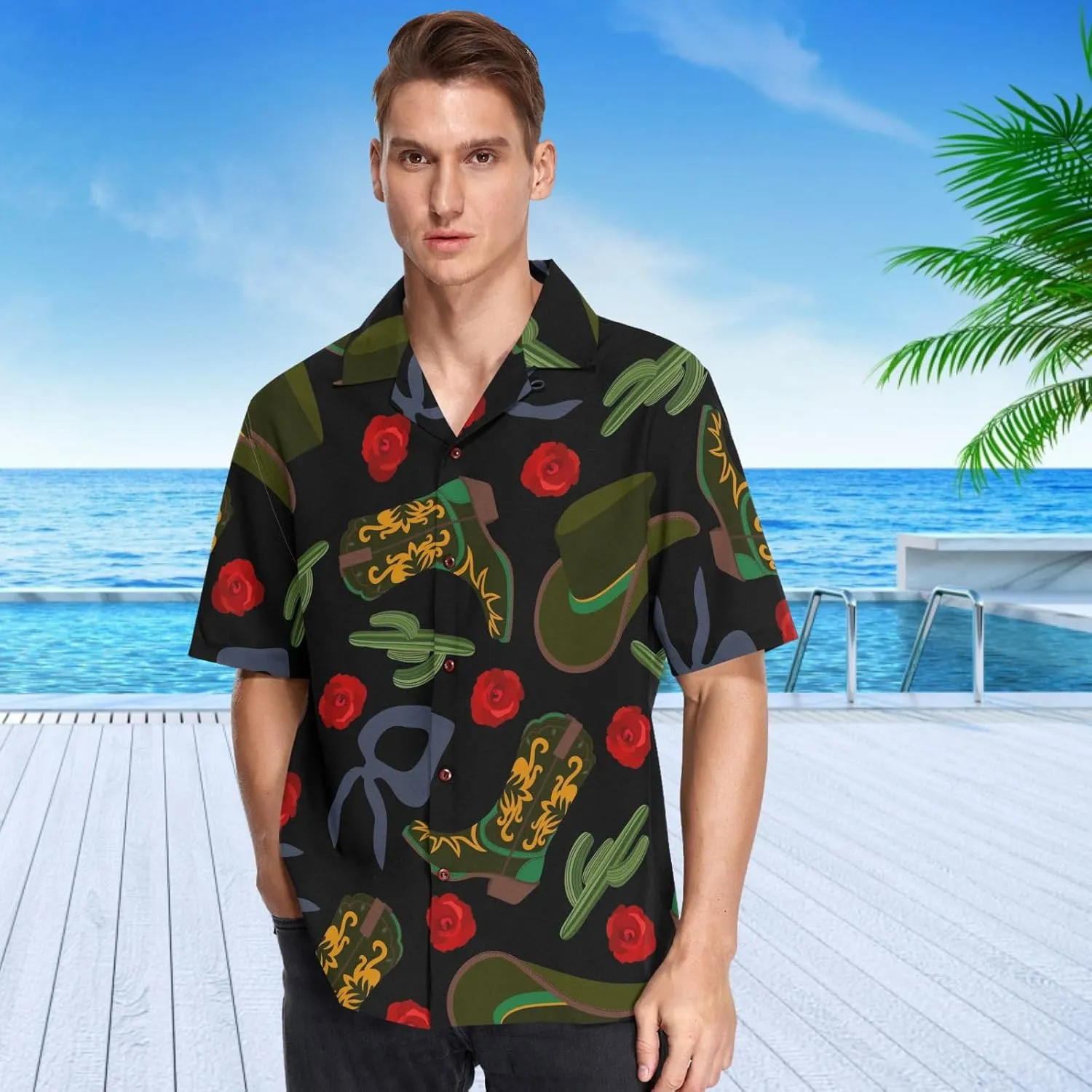 visesunny Cowboy Hat Boot Bandanas Cactus Rose Hawaiian Shirt Men Button Down Casual Shortsleeve Unisex Beach Aloha Shirts
