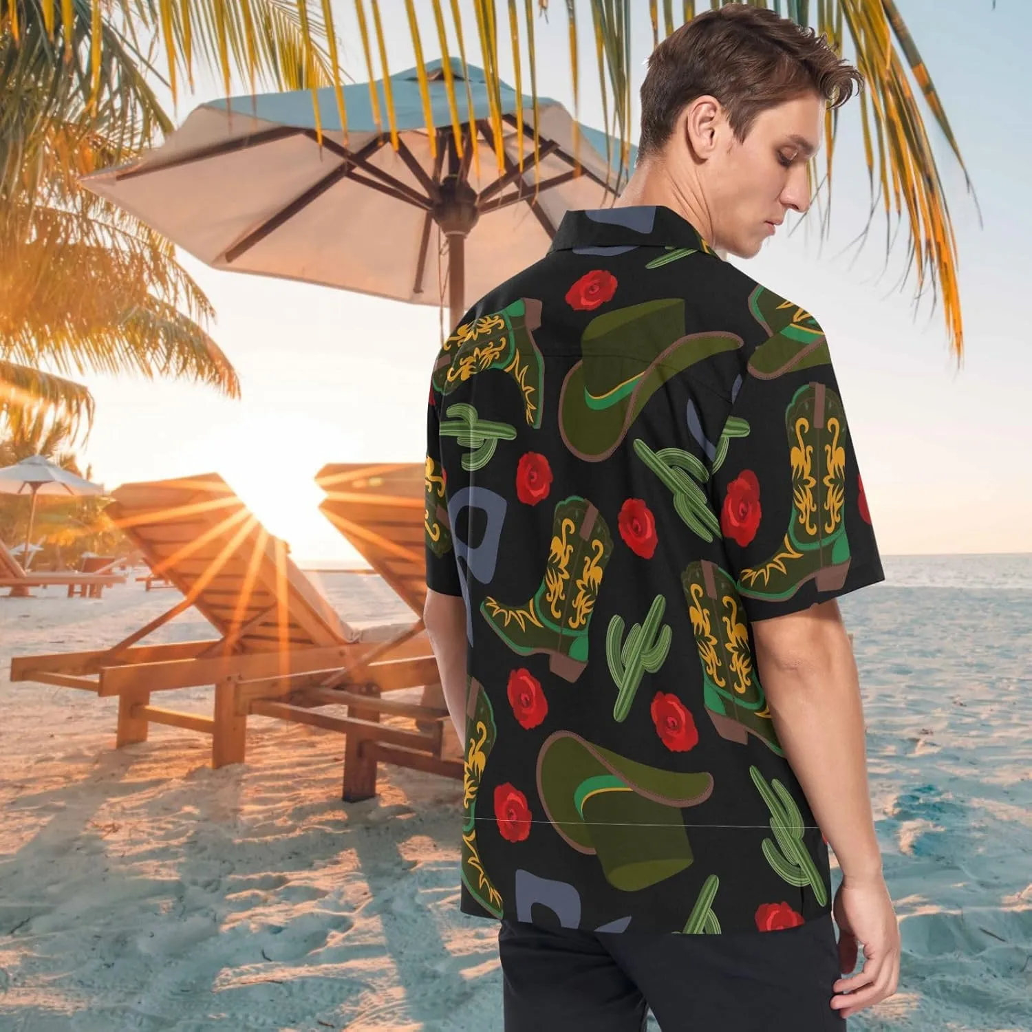 visesunny Cowboy Hat Boot Bandanas Cactus Rose Hawaiian Shirt Men Button Down Casual Shortsleeve Unisex Beach Aloha Shirts