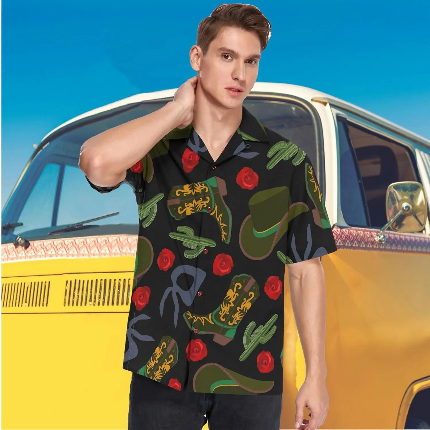 visesunny Cowboy Hat Boot Bandanas Cactus Rose Hawaiian Shirt Men Button Down Casual Shortsleeve Unisex Beach Aloha Shirts