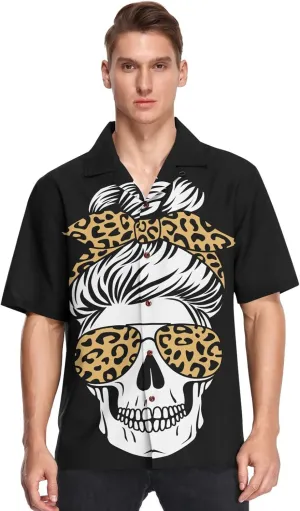 visesunny Mens Novelty Dress Shirts Button Down Skull with Aviator Glasses Bandana Leopard Print Black Hawaiian Shirt