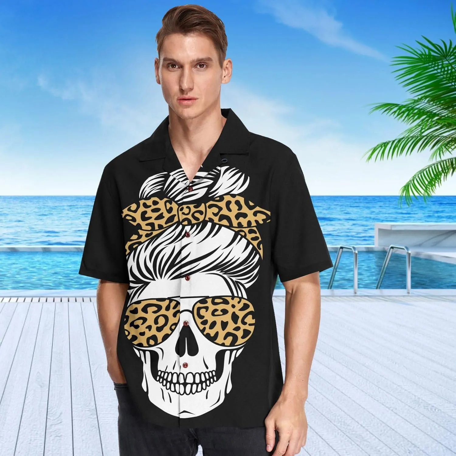 visesunny Mens Novelty Dress Shirts Button Down Skull with Aviator Glasses Bandana Leopard Print Black Hawaiian Shirt