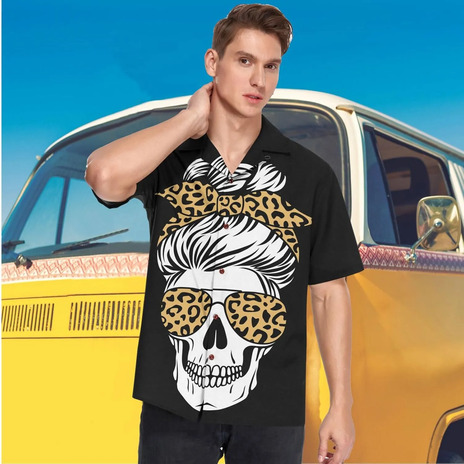 visesunny Mens Novelty Dress Shirts Button Down Skull with Aviator Glasses Bandana Leopard Print Black Hawaiian Shirt