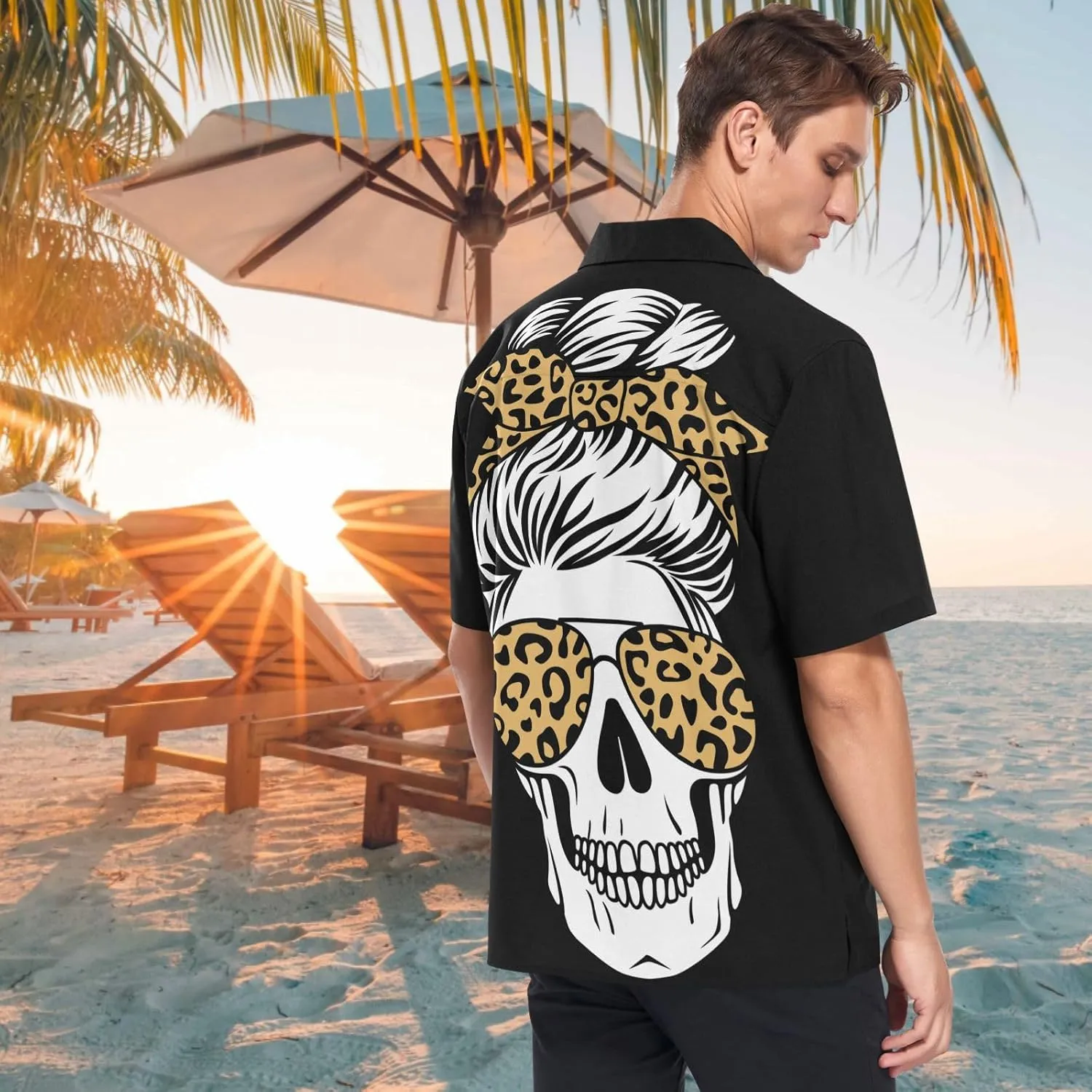 visesunny Mens Novelty Dress Shirts Button Down Skull with Aviator Glasses Bandana Leopard Print Black Hawaiian Shirt