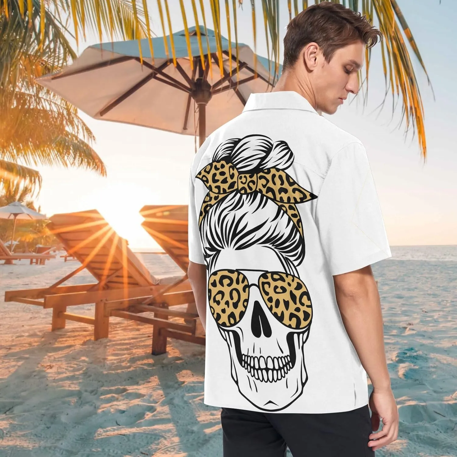 visesunny Mens Novelty Dress Shirts Button Down Skull with Aviator Glasses Bandana Leopard Print White Hawaiian Shirt