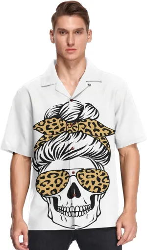 visesunny Mens Novelty Dress Shirts Button Down Skull with Aviator Glasses Bandana Leopard Print White Hawaiian Shirt