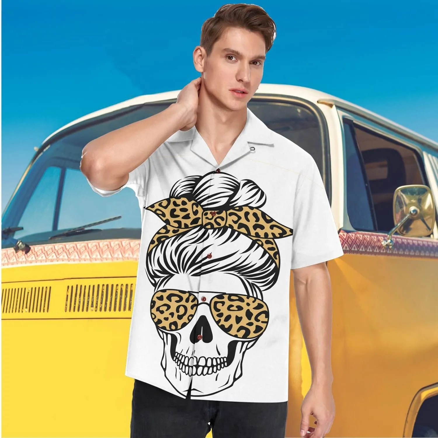 visesunny Mens Novelty Dress Shirts Button Down Skull with Aviator Glasses Bandana Leopard Print White Hawaiian Shirt