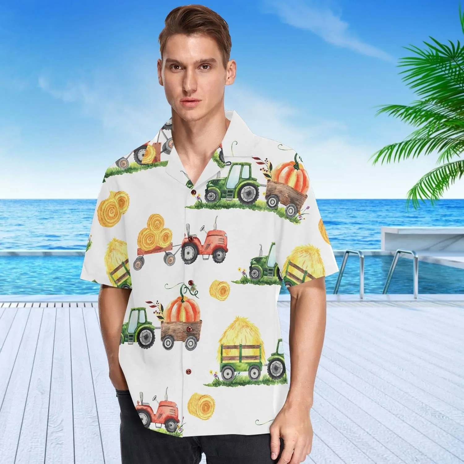 visesunny Pumpkin Tractor Trailer Wheelbarrow Haystack Hawaiian Shirt Casual Men Button Down Shortsleeve Beach Aloha Shirts