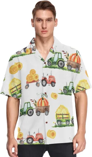 visesunny Pumpkin Tractor Trailer Wheelbarrow Haystack Hawaiian Shirt Casual Men Button Down Shortsleeve Beach Aloha Shirts